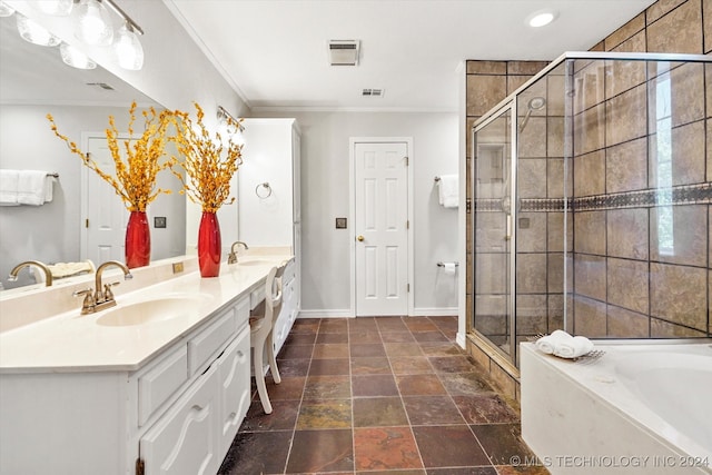 bathroom with shower with separate bathtub, vanity, and crown molding