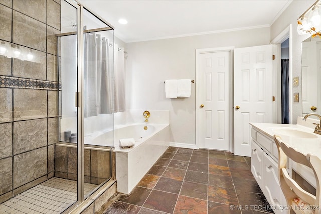 bathroom featuring plus walk in shower, vanity, and ornamental molding