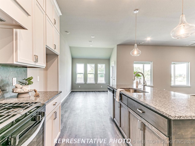 kitchen with pendant lighting, white cabinetry, wood-type flooring, an island with sink, and light stone countertops