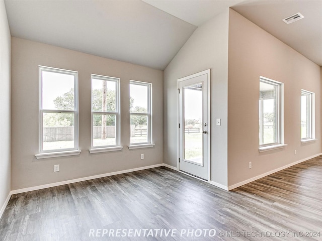 interior space featuring a healthy amount of sunlight, vaulted ceiling, and hardwood / wood-style flooring