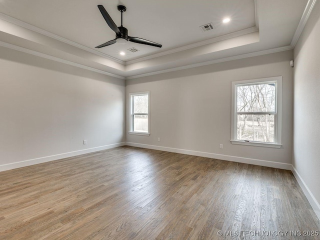 unfurnished room with a raised ceiling, crown molding, and a wealth of natural light