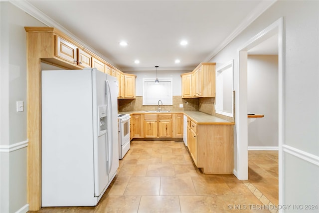 kitchen featuring ornamental molding, light brown cabinetry, backsplash, decorative light fixtures, and white appliances