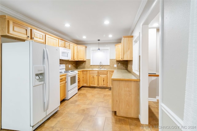 kitchen featuring light brown cabinets, white appliances, ornamental molding, and hanging light fixtures