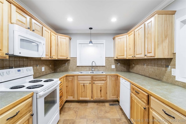 kitchen featuring sink, light brown cabinetry, white appliances, crown molding, and pendant lighting