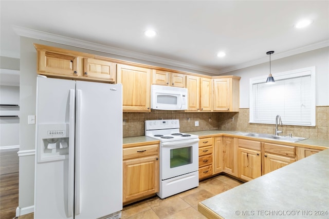 kitchen with sink, ornamental molding, light brown cabinetry, hanging light fixtures, and white appliances