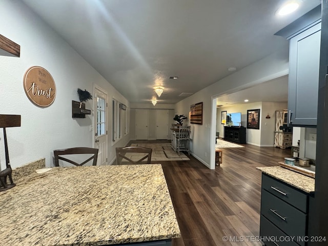 kitchen with light stone counters and dark hardwood / wood-style flooring