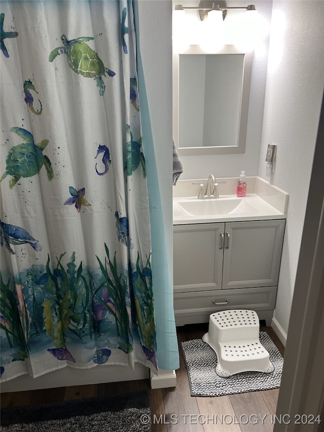 bathroom featuring wood-type flooring, vanity, and walk in shower