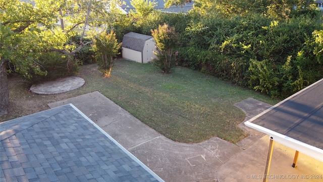 view of yard with a patio and a storage unit