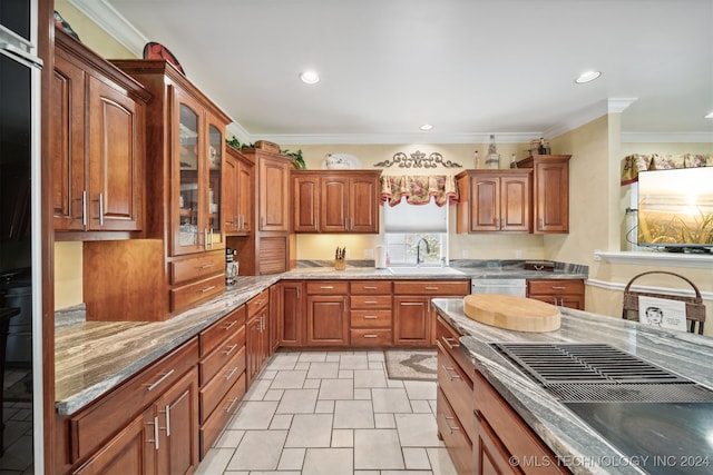 kitchen featuring ornamental molding, dishwasher, sink, and light stone counters