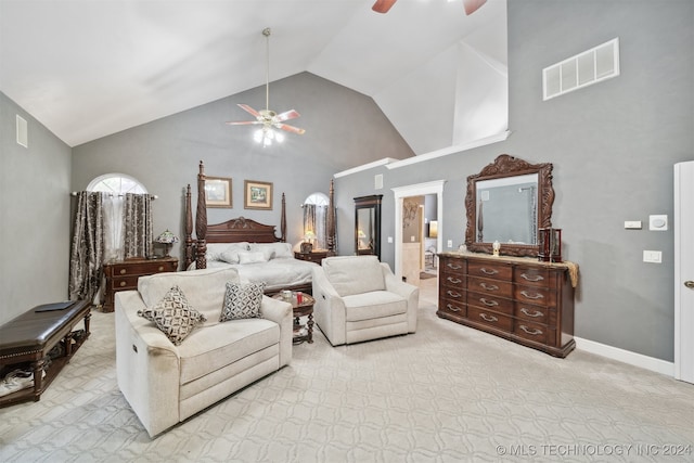 bedroom featuring high vaulted ceiling and ceiling fan