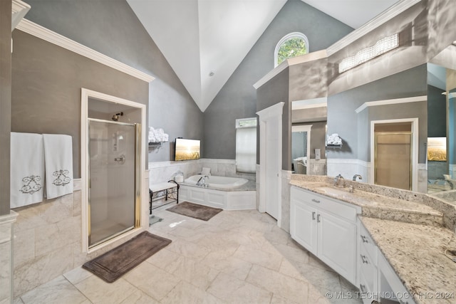 bathroom featuring vanity, high vaulted ceiling, ornamental molding, and separate shower and tub