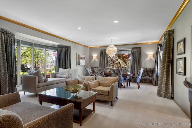 carpeted living room with an inviting chandelier and ornamental molding