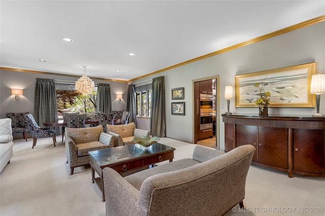 carpeted living room with ornamental molding