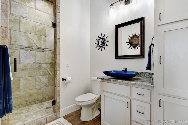 bathroom featuring toilet, vanity, a shower with door, and hardwood / wood-style floors