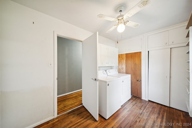 laundry room with independent washer and dryer, cabinets, ceiling fan, and dark hardwood / wood-style floors