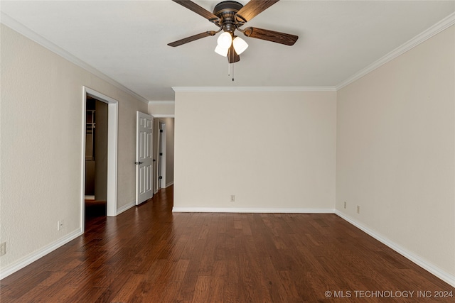 unfurnished room featuring ceiling fan, dark hardwood / wood-style flooring, and ornamental molding