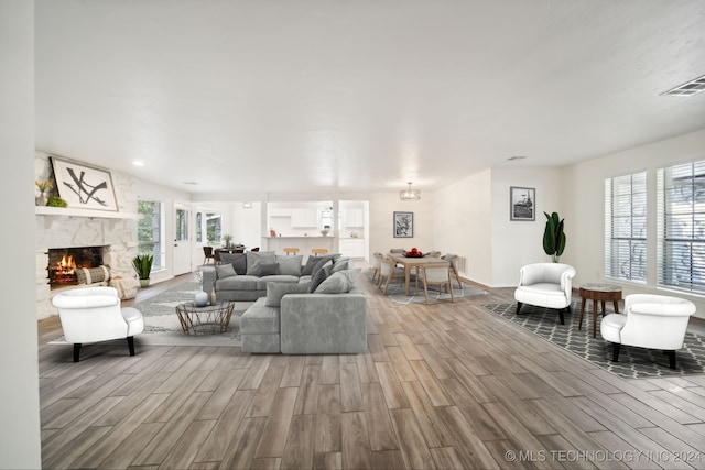 living room with wood-type flooring and a fireplace