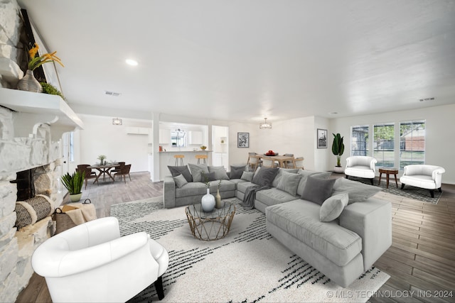 living room with wood-type flooring and a premium fireplace