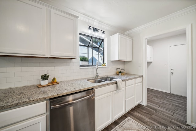 kitchen with dark hardwood / wood-style floors, sink, white cabinets, light stone countertops, and stainless steel dishwasher