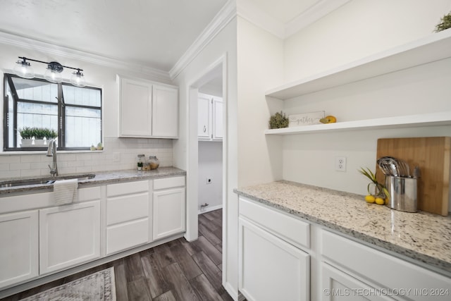 kitchen featuring ornamental molding, sink, dark wood-type flooring, and white cabinets