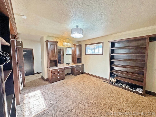 unfurnished office featuring a textured ceiling and carpet floors