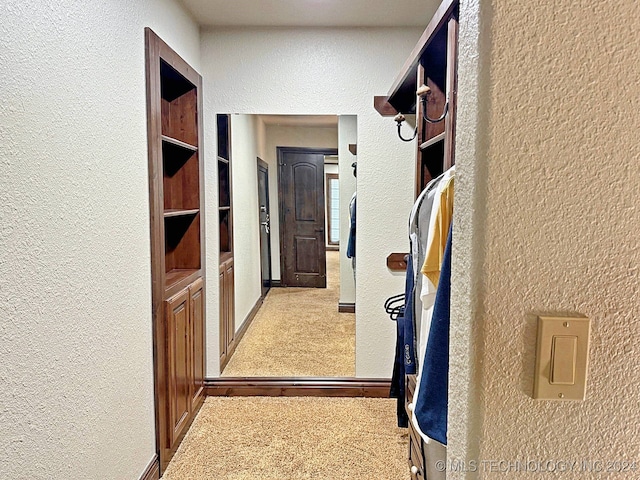 interior space featuring light colored carpet