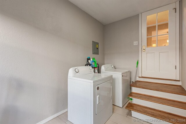 laundry area with electric panel and washer and clothes dryer