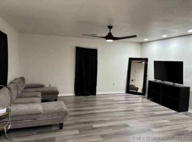 living room featuring ceiling fan and wood-type flooring