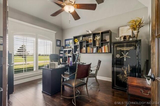3526 Evans Ave, Mannford, OK 74044 - home office featuring ceiling fan, dark wood-style flooring, and baseboards