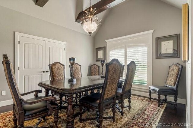 3526 Evans Ave, Mannford, OK 74044 - dining room featuring wood finished floors, baseboards, a chandelier, high vaulted ceiling, and beamed ceiling