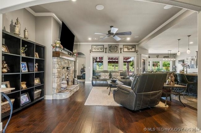 3526 Evans Ave, Mannford, OK 74044 - living room featuring ornamental molding, a fireplace, a ceiling fan, wood finished floors, and recessed lighting
