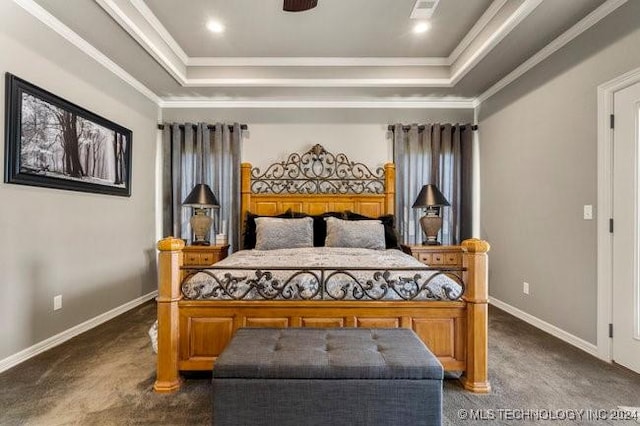 3526 Evans Ave, Mannford, OK 74044 - bedroom with a tray ceiling, dark colored carpet, crown molding, and baseboards