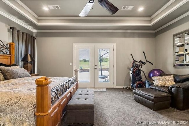 3526 Evans Ave, Mannford, OK 74044 - carpeted bedroom featuring a raised ceiling, ornamental molding, access to exterior, french doors, and ceiling fan