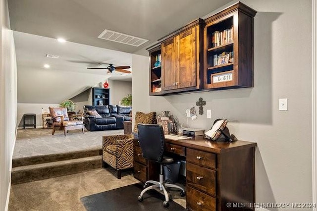 3526 Evans Ave, Mannford, OK 74044 - office space with carpet, lofted ceiling, and a ceiling fan