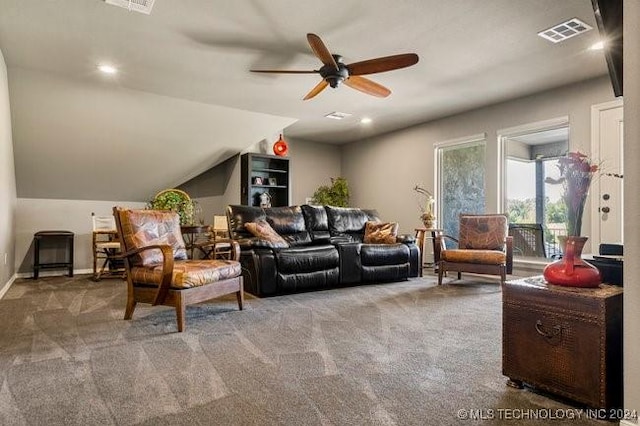 3526 Evans Ave, Mannford, OK 74044 - carpeted living room featuring a ceiling fan, lofted ceiling, and baseboards