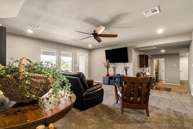 3526 Evans Ave, Mannford, OK 74044 - living area with a ceiling fan, recessed lighting, light carpet, and baseboards
