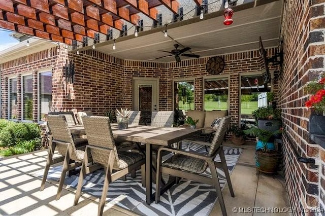 3526 Evans Ave, Mannford, OK 74044 - view of patio / terrace with a ceiling fan, outdoor dining space, outdoor lounge area, and a pergola