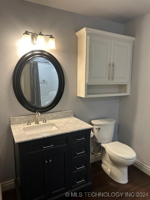 bathroom with vanity, hardwood / wood-style floors, and toilet