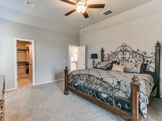 bedroom featuring carpet flooring, ceiling fan, a walk in closet, and a closet