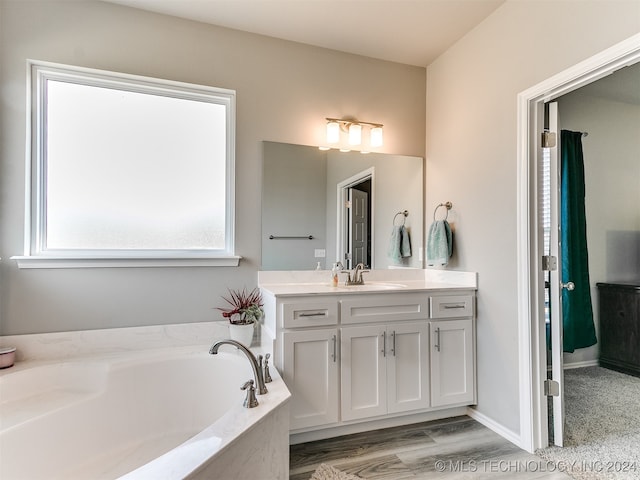 bathroom with vanity, tiled tub, and hardwood / wood-style floors