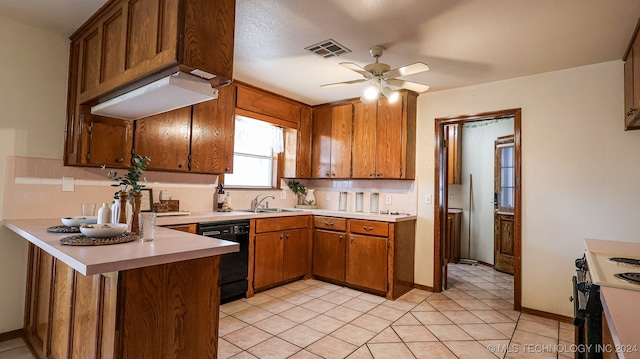 kitchen featuring dishwasher, kitchen peninsula, white electric stove, sink, and light tile patterned floors