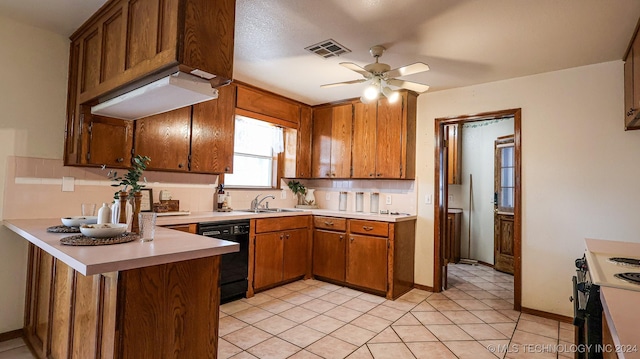 kitchen with dishwasher, sink, white electric range oven, ceiling fan, and kitchen peninsula