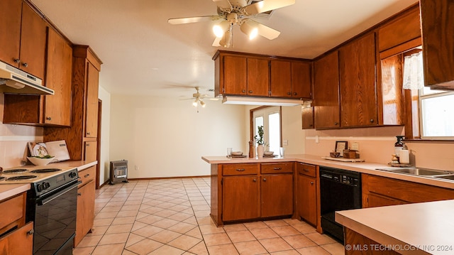 kitchen with kitchen peninsula, sink, black appliances, light tile patterned floors, and ceiling fan