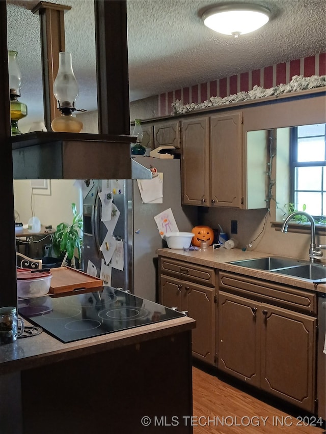 kitchen featuring a textured ceiling, light hardwood / wood-style flooring, black electric stovetop, and sink