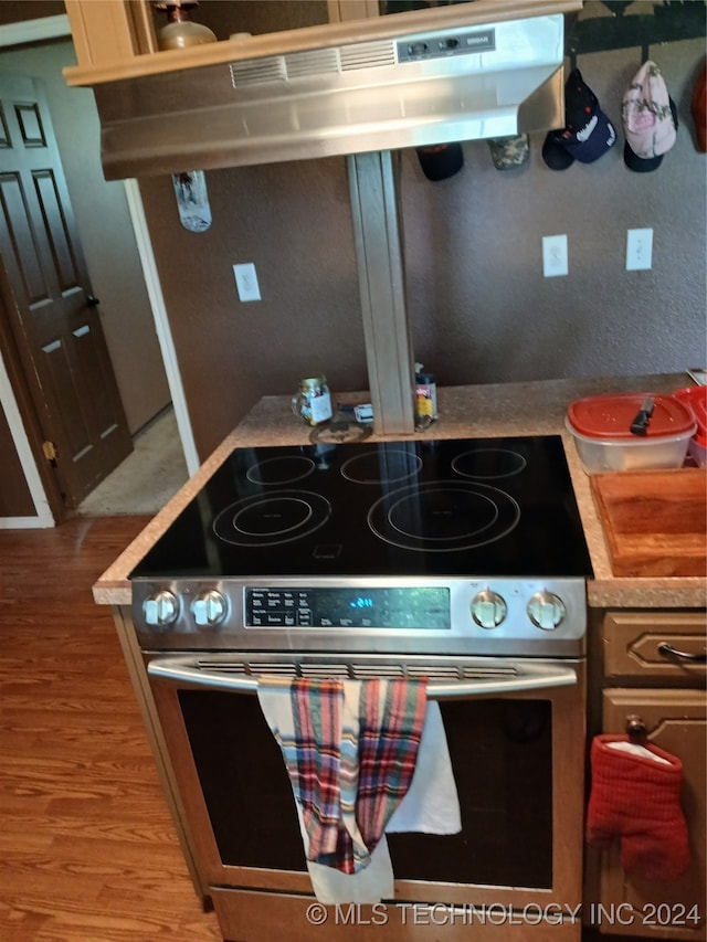 kitchen featuring stainless steel range with electric stovetop and wood-type flooring