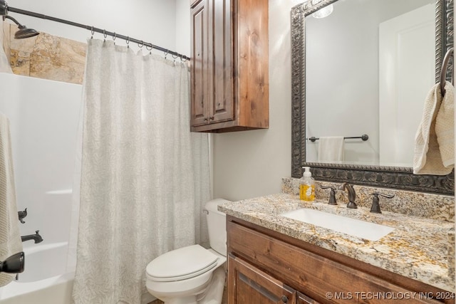 full bathroom featuring vanity, toilet, and shower / tub combo with curtain