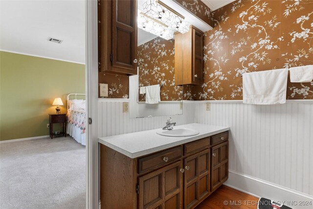 bathroom with crown molding and vanity