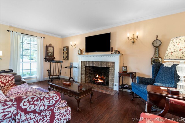 living room with a fireplace, dark hardwood / wood-style flooring, and a wealth of natural light