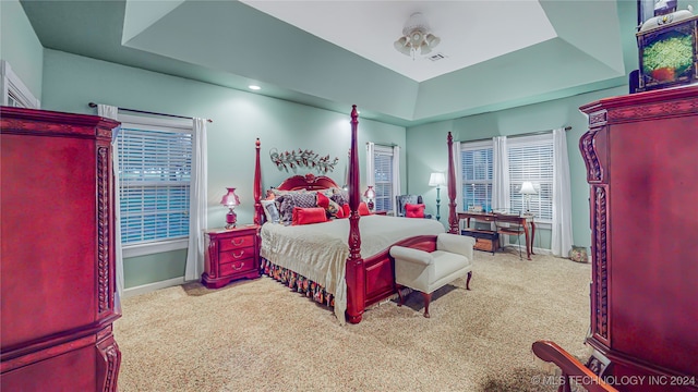 carpeted bedroom featuring a raised ceiling