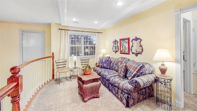 carpeted living room featuring crown molding